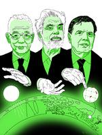 De tre nobelpristagere Syukuro Manabe, Klaus Hasselmann (i midten) og Giorgio Parisi (til højre) har været pionerer i at forstå komplekse fysiske systemer som eksempelvis klimaet. Tegning Thomas Thorhauge