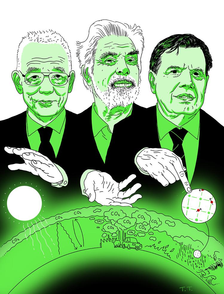 De tre nobelpristagere Syukuro Manabe, Klaus Hasselmann (i midten) og Giorgio Parisi (til højre) har været pionerer i at forstå komplekse fysiske systemer som eksempelvis klimaet. Tegning Thomas Thorhauge