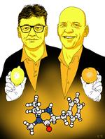Et molekyle kan dufte af citron eller appelsin, alt efter om det er spejlet den ene eller den anden vej. De to nobelpristagere David W.C. MacMillan og Benjamin List (til højre) har fået tildelt Nobelprisen i Kemi, fordi de har opfundet en revolutionerende katalysemetode, som sørger for, at et eksempelvis et duftmolekyle får den rigtige struktur, så det lugter, som det skal, når det er færdigfremstillet. 