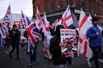 Demonstranter i Belfast protesterede for en måned siden mod den såkaldte nordirske protokol, aftalen mellem EU og Storbritannien om Nordirlands status efter Brexit. Foto: Clodagh Kilcoyne/Ritzau Scanpix