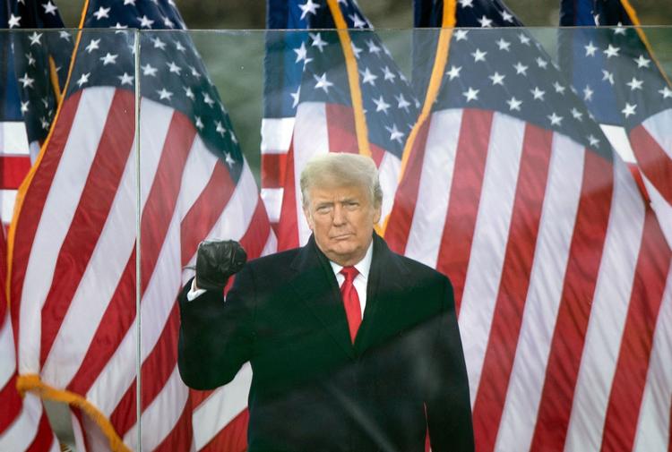 Donald Trump ved demonstrationen 6. januar sidste år, der endte med en storm på Kongressen i Washington.  Foto: Brendan Smialowski/Ritzau Scanpix