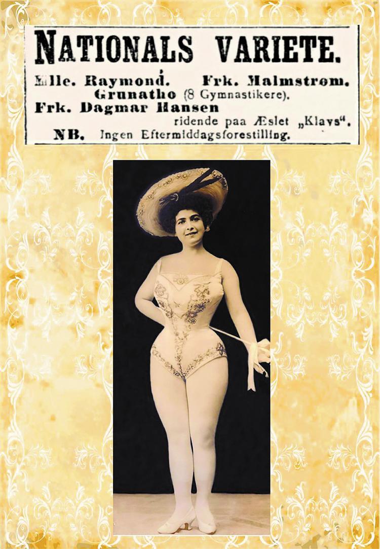 Dagmar i et af de kostumer, der gjorde sig hos det mandlige publikum. Illustration fra bogen. 