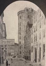 Fra omkring 1800 samledes de fleste af Københavns boglader, forlag, bladredaktioner og trykkerier i området omkring Købmagergade. Bygningen op til Rundetårn husede fra 1820 den nye studenterforening. Maleri af Carsten Henrichsen 1840.   