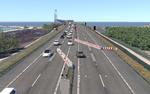 Denne digitale fremstilling viser, hvordan de mobile autoværn kan omdirigere trafikken i tilfælde af et uheld eller vejarbejde på Storebæltsbroen. Rendering: Sund & Bælt