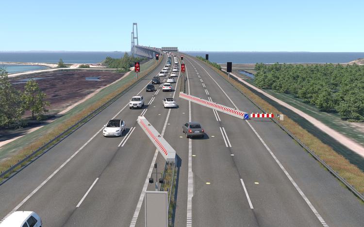 Denne digitale fremstilling viser, hvordan de mobile autoværn kan omdirigere trafikken i tilfælde af et uheld eller vejarbejde på Storebæltsbroen. Rendering: Sund & Bælt