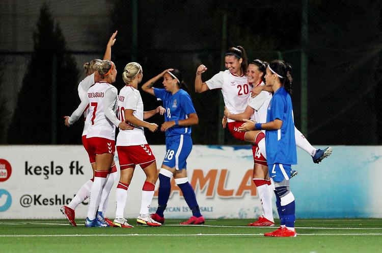 Signe Bruun - her tiljublet som målscorer i en tidligere kamp - er nu oppe på 11 mål i VM-kvalifikationen. Foto: Aziz Karimov/Ritzau Scanpix