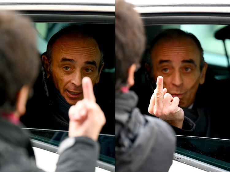   Som vist i denne fotomontage gav Èric Zemmour igen, da han lørdag fik fingeren i Marseille. Kritikere fremhæver, at han ikke formåede at bevare roen, og at en præsidentkandidat ikke nedværdiger sig til at svare igen på provokationer.   Foto: Nicolas Tucat/Ritzau Scanpix