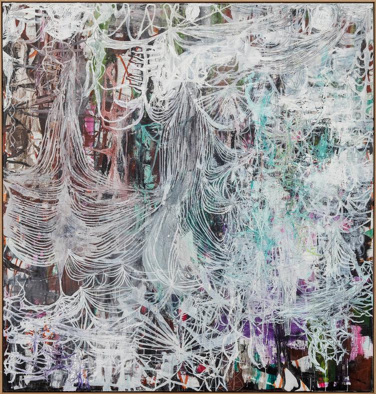 Med sine mål 195 x 185 cm er Olav Christopher Jenssens maleri 'Post Rubicon nr. 4' fra 2021 ikke udstillingens allerstørste billede, men nok næststørste.  Det er i de store formater, at den norske maler overbeviser.  Foto: Stine Heger/Galleri Susanne Ottesen