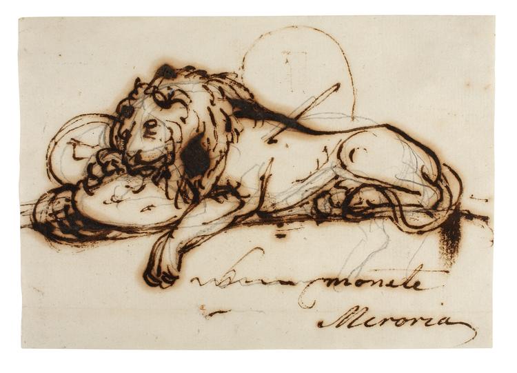 Thorvaldsens skitse fra 1818 af en døende løve, som i årene efter blev udhugget direkte i klippevæggen i Luzern.  Foto: Helle Nanny Brendstrup