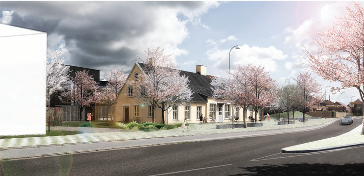 Den gamle Risbjerggaard i Hvidovre skal være spisested og bliver en del af det nye Kulturcenter Risbjerggaard, hvor Teater Vestvolden flytter ind. Visualisering Vandkunsten