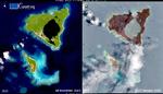 Satellitbilleder viser et normalt Tonga til venstre sammenlignet med den askeramte øgruppe efter vulkanudbruddet.  Foto: Handout/Ritzau Scanpix