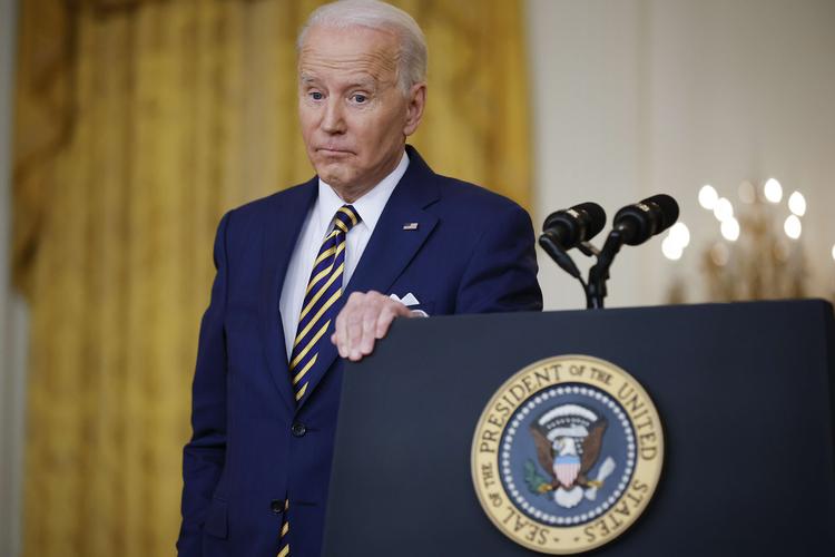 Joe Biden ved pressemødet, som markerer etårsdagen for hans indsættelse som USA's nye præsident. Foto: Chip Somodevilla/Ritzau Scanpix