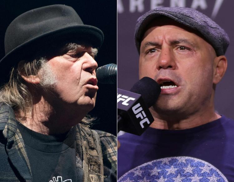 Neil Young (t.v) er bestemt ikke fan af Joe Rogan (t.h.).  Foto: Alice Chiche, Carmen Mandato/Ritzau Scanpix