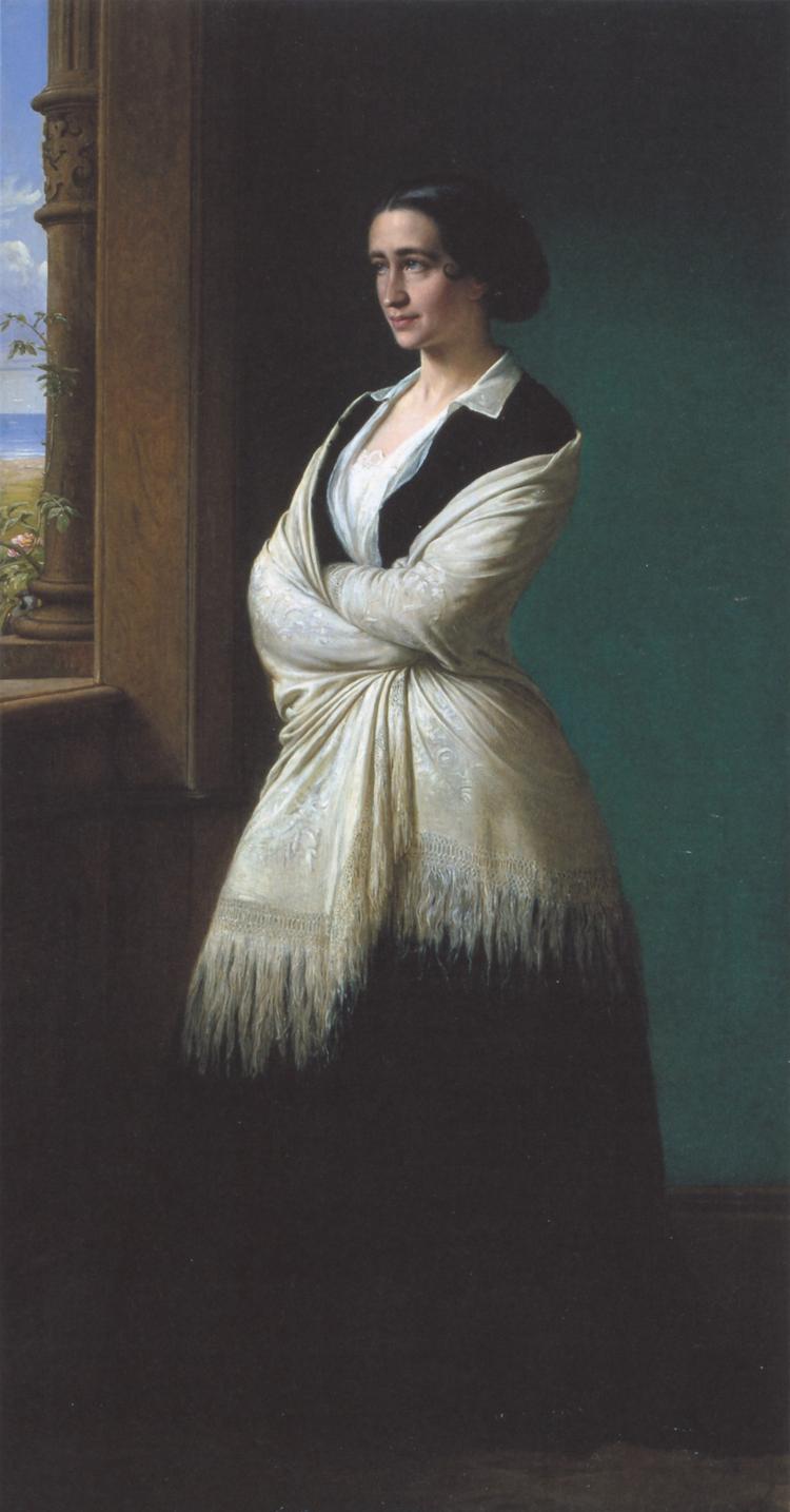 Marstrands maleri af Johanne Louise Heiberg er udmattende sirligt og detaljeret omkring kjolens frynser, og ansigtet ligner snarere en maske, mener vores anmelder.  Foto: Wikimedia Commons/Det Nationalhistoriske Museum på Frederiksborg Slot 