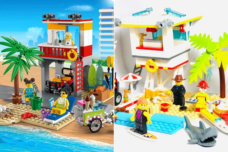 Billedet til venstre viser Legos Beach Life Guard Station. Dét til højre viser Damien og hans søns design. 