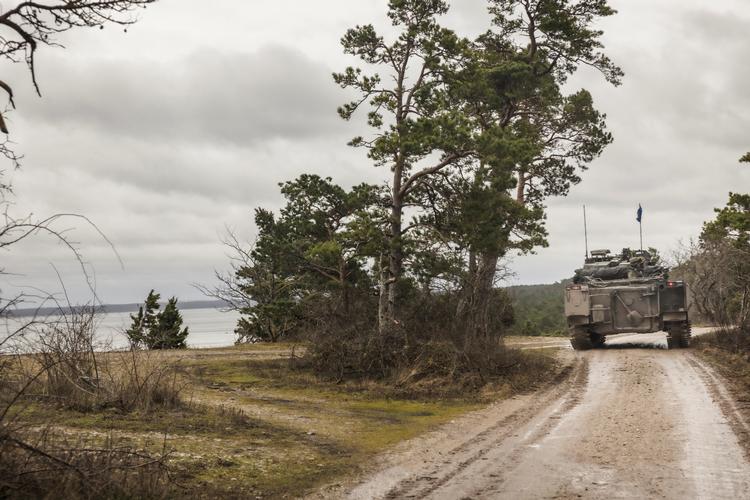 Gotlands regiment patruljerer kysten i tanks, mens spændingerne vokser.  Foto: Tt News Agency/Ritzau Scanpix