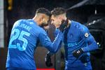 Brøndbys to målscorere søndag i Farum, Anis Ben Slimane og Andreas Bruus, fejrer det opmuntrende resultat mod FC Nordsjælland.  Foto: Jens Dresling
