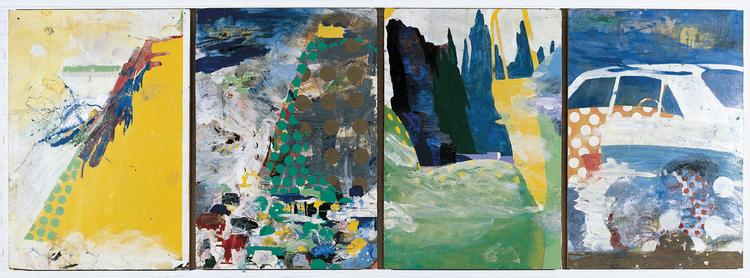 Året efter Andy Warhols billeder med biluheld, lavede Per Kirkeby denne serie 'Bilbilleder' (1964) hvor en bil ryger ud over en skrænt (yderst stil venstre). Bemærk prikkerne. En hilsen til Poul Gernes? Foto: Lars Bay