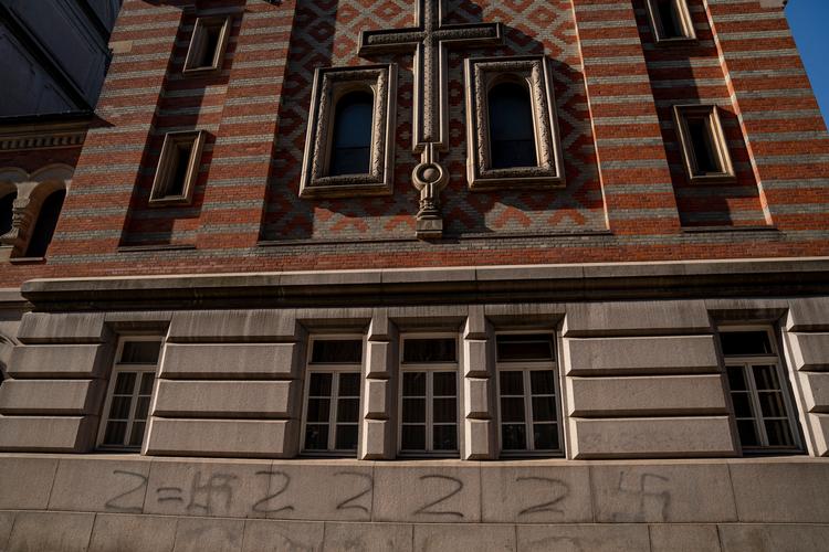 Russisk-ortodoks kirke i København er blevet udsat for hærværk med hagekors og z-symboler.  Foto: Liselotte Sabroe/Ritzau Scanpix