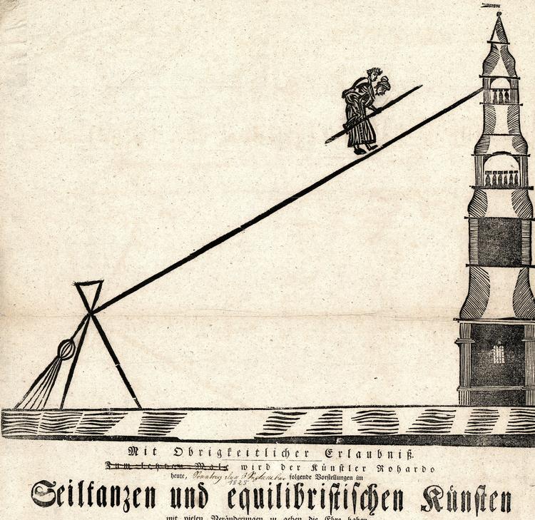 Den lige vej fra kirkegården til spidsen af kirketårnet – demonstreret af gøgleren Rohardo i Tønder i 1820’erne. Foto: Niels Gravesen/Rigsarkivet