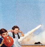 Et uskyldigt billede af en ung pige, der afventer knaldet fra en ballon bliver i Joe Webbs kollage til en fortælling om krig set fra børnehøjde. Foto: Joe Webb/setanta Books
