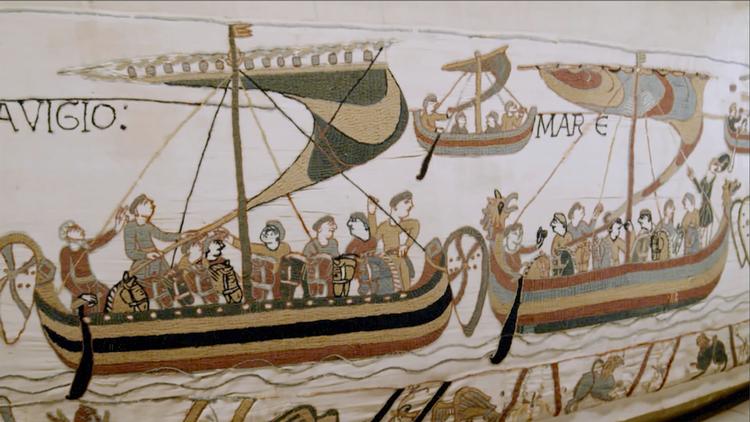 Bayeux-tapetet skildrer kampen mellem fransk- og engelskmænd. Tapetet er 70 meter langt og hænger i Bayeux i det nordlige Frankrig. Foto: 
Taxi Rights