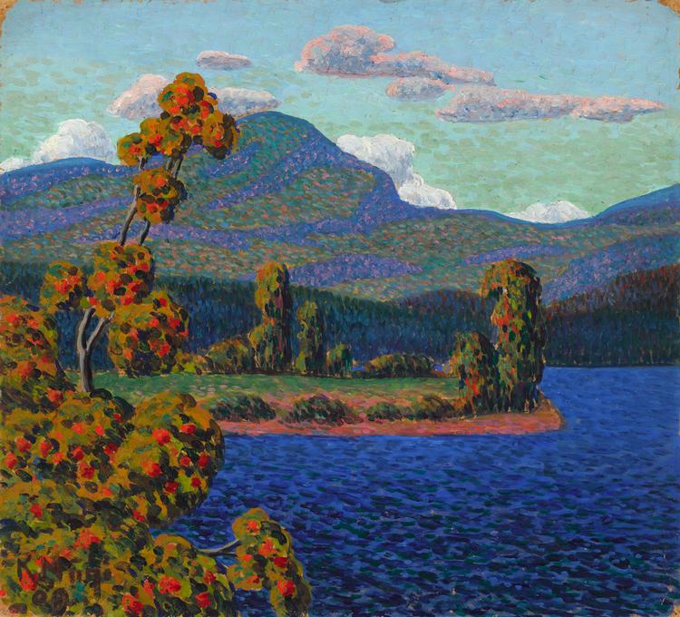 Skyggerne på de grønne bjerge er perfekt syrenblå op mod den orange frugt, der sidder på træet i billedets forgrund. Konrad Mägi malede en masse norske landskaber. Her fra 1909.

 Foto: Art Museum of Estonia