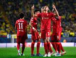 Fabinho takker tilsyneladende højere magter, da han efter pausen har scoret for Liverpool i Champions League-semifinalen mod spanske Villarreal. Foto: Pablo Morano/Ritzau Scanpix