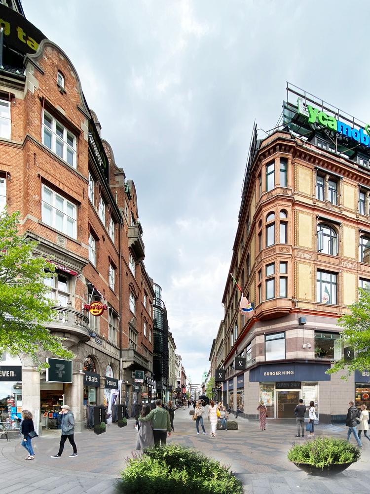 Strøget vil indenfor den nærmere fremtid komme til at se helt anderledes ud.  Læg mærke til de nedtonede skilte, belægningen, vegetationen og siddepladserne. Foto: DesignGroup