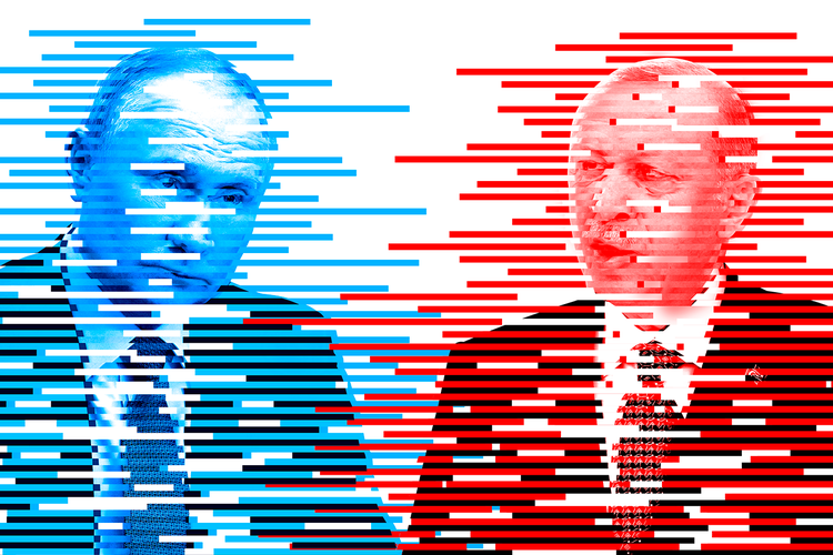 Illustration Caroline Niegaard. Originalfoto: Sputnik/Mikhail Klimentyev/Kremlin / Ebrahim Noroozi/Ritzau Scanpix