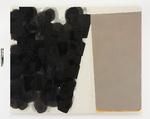 Ian McKeever: Henge XI fra 2019. Typisk for malerierne fra serien 'Hengepaintings' er de todelte billeder.. Og den sorte form til venstre ser nærmest ud til at vælte. Foto: Stine Heger