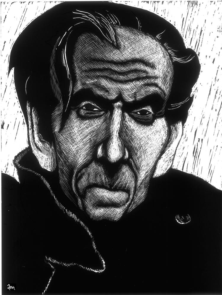  Forfatter Louis-Ferdinand Céline (1886-1958) flygtede til Danmark under krigen, og hans manuskripter gik tabt. Troede man. Tegning:  Anne-Marie Steen Petersen