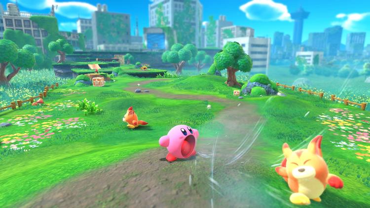 I ’Kirby and the Forgotten Land’ indtager man endnu en gang rollen som den kuglerunde helt. Denne gang bliver der revet et hul i dimensionerne på himlen over Drømmeland, og en masse af Kirbys gode venner, de hyggelige waddle dee’er, bliver suger ind i dimensionsflængen. Det er nu op til Kirby at følge efter og redde de små væsener. Illustration fra spillet 