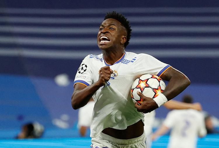  Vinicius Junior i fuld jubel efter at hans landsmand  Rodrygo havde scoret det andet mål i den pirrende semifinale mod Manchester City.  Foto: Juan Medina/Ritzau Scanpix