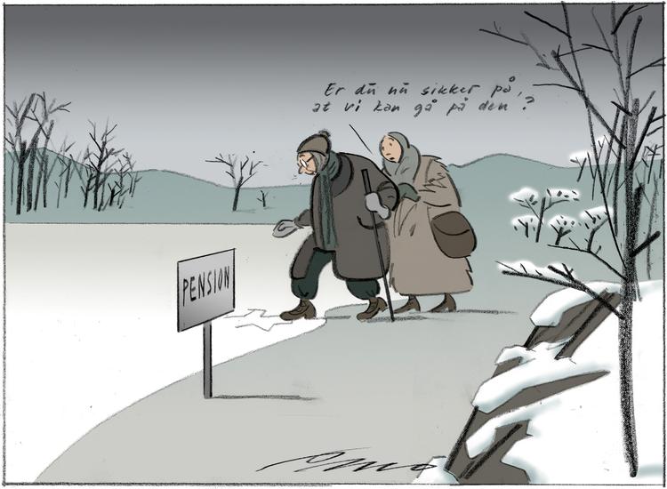 Mange pensionister er ikke længere garanteret faste udbetalinger i hele pensionstilværelsen, fordi opsparingen går op og ned med markedsrenten. Arkivtegning Per Marquard Otzen