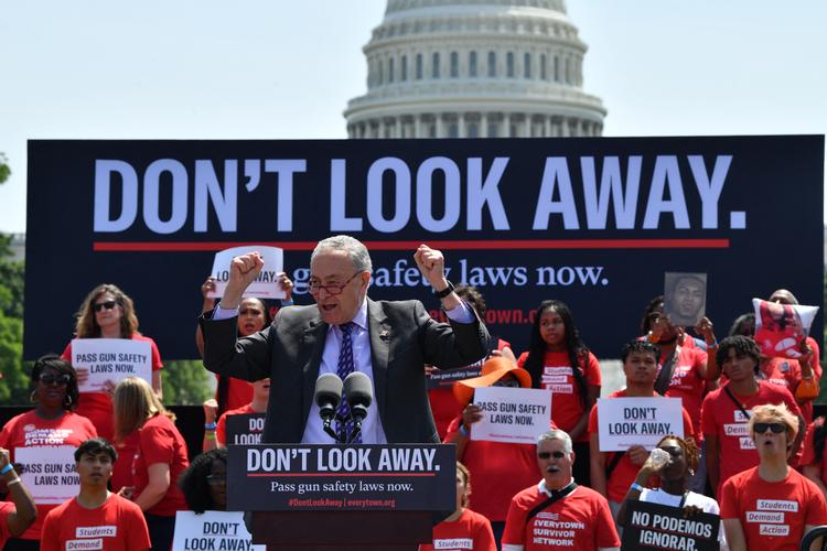Flertalslederen i Senatet, demokraten Chuck Schumer,  holdt forleden en tale foran aktivister, som krævede strengere våbenkontrol af de amerikanske politikere. Foto: Nicholas Kamm/Ritzau Scanpix