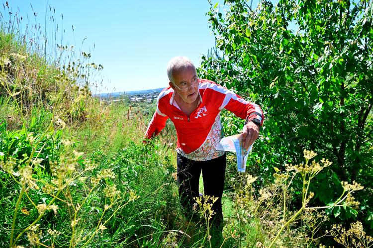 Med læsebrillerne ude på næsetippen kæmpede 72-årige Flemming Sasser sig fornemt gennem en af veteranrækkerne, da Dansk Militært Idrætsforbund afviklede DM i orienterings-biathlon. Foto: Lars Møller for DIF