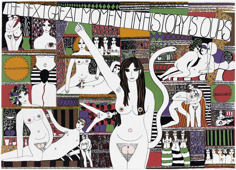 Det næste store øjeblik i historien tilhører os, 1970
(The Next Great Moment in History is Ours)
Serigrafi på papir, 73 × 102 cm
Berlinische Galerie – Museum for Modern Art, Photography and Architecture
© Dorothy Iannone  Foto: Dorothy Iannone