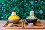 Bingsu ligner et miniaturesnebjerg beklædt med frugt. Til venstre en bingsu med mango og til højre en med matcha.      Foto: Nikolai Linares