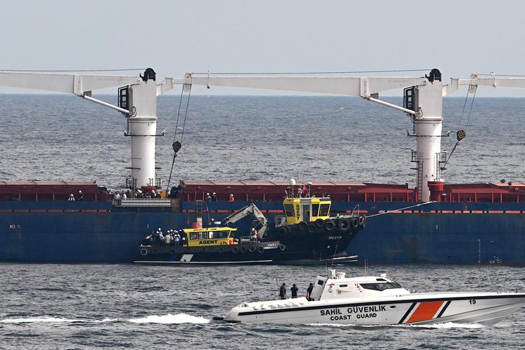 Foto fra onsdag morgen, hvor inspektører fra FN, Ukraine og Rusland er på vej om bord til inspektion af fragtskibet Razoni, der er ankret op lige ud for den nordlige indsejling til Bosporus-strædet. Razoni er det første fuldtlastet kornskib, som har forladt Odesa i Ukraine med destination i Libanon.
Inspektionen sker som led i en FN-aftale om igangsætning af korneksport Ukraine og Rusland.
 Foto: Ozan Kose/Ritzau Scanpix