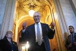     WASHINGTON, DC - AUGUST 7: Senate Majority Leader Chuck Schumer (D-NY) gives the thumbs up as he leaves the Senate Chamber after passage of the Inflation Reduction Act at the U.S. Capitol August 7, 2022 in Washington, DC. The Senate worked overnight Saturday into Sunday as they moved toward final passage of Senate budget reconciliation deal, which Senate Democrats have named The Inflation Reduction Act of 2022. The final vote was 51-50, with the tie-breaking vote being cast by Vice President Kamala Harris. Drew Angerer/Getty Images/AFP == FOR NEWSPAPERS, INTERNET, TELCOS &amp; TELEVISION USE ONLY ==   Foto: Drew Angerer/Ritzau Scanpix
