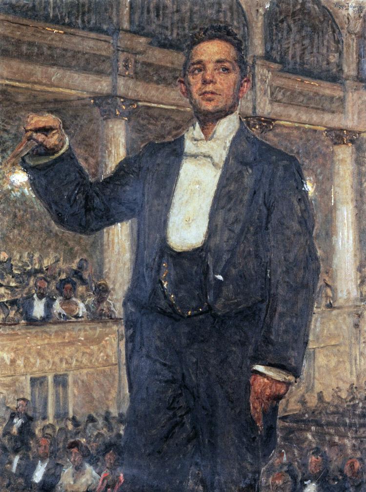 
Carl Nielsen og hans tanker om nordisk musik har fyldt meget i musikken i Danmark. Både i hans levetid med hans balancegang mellem de fine og det folkelige - og i resten af det 20. århundrede som forbillede og hadeobjekt. Som dirigent var hans evner dog, ifølge musikere, ringe. Maleri: Viggo Johansen, 1905. Fra bogen 'Opera i Danmark'.
 