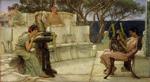 Den victorianske maler Lawrence Alma-Tadema malede Sappho med veninder, der sidder forgabt over den unge poet Alkaios.  Foto: /Wikimedia Commons