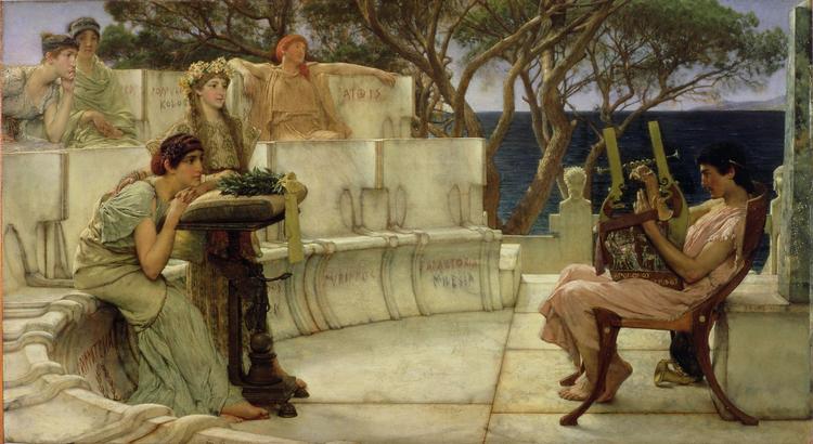 Den victorianske maler Lawrence Alma-Tadema malede Sappho med veninder, der sidder forgabt over den unge poet Alkaios.  Foto: /Wikimedia Commons