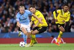 Erling Haaland ses her i aktion under onsdagens hjemmekamp for Manchester City mod sin tidligere tyske klub Borussia Dortmund. Nordmanden endte med at afgøre kampen til Citys fordel. Foto: Carl Recine/Ritzau Scanpix