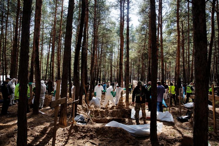 I en fyrreskov i Izjum syd for Kharkiv i Ukraine dukkede en masse grave op, efter at russerne tidligere på måneden blev tvunget på tilbagetog af ukrainernes modoffensiv. Foto: Martin Lehmann