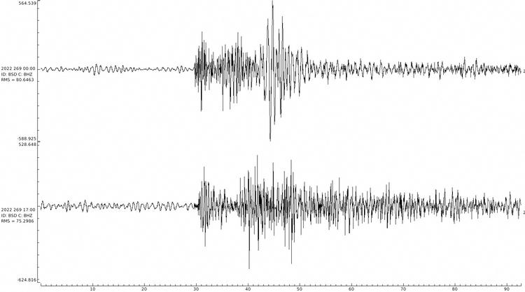 En illustration fra CFZ, der viser de seismografiske udslag, som mandag blev målt på en bornholmsk målestation. Foto: German Centre For Georesearch/Reuters/Ritzau Scanpix