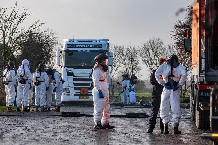 Foto fra 3. januar 2022: Fugleinfluenza på en gård på Nordlolland. Unge fra Beredskabskorpset sammen med Fødevarestyrelsen er igang med aflivning af 36.000 kalkuner. Der var udbrudt smitte blandt fuglene med den dødelige og meget smitsomme fugleinfluenza H5N1. Foto: Per Rasmussen