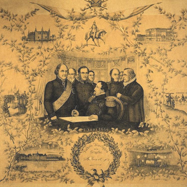 På dette ”mindeblad”, der muligvis er blevet til ved grundlovens 20 års jubilæum i 1869, ser vi Frederik 7. underskrive grundloven, omgivet af den daværende regering. Dengang kunne man klare sig med færre end 10 ministre. Gengivet efter Lind &amp; Roslyng-Jensen, red.: Danmarkshistorien, 2019.

  