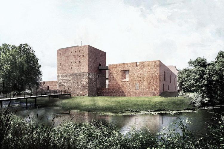 Det er blandt andet genopbygning af tårnet på Nyborg Slot - som vist på denne visualisering - der har fået massiv kritik og været med til at stoppe projektet. Foto: Visualisering / JAJA Architects